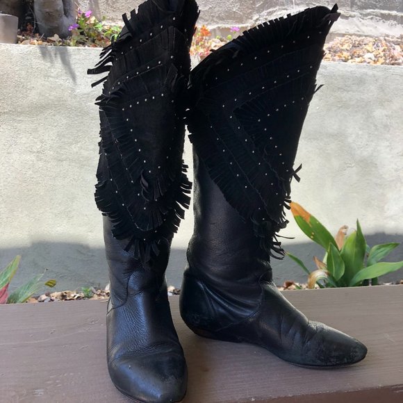 Vintage Black Leather Fringe Cowboy Boots - Picture 1 of 6